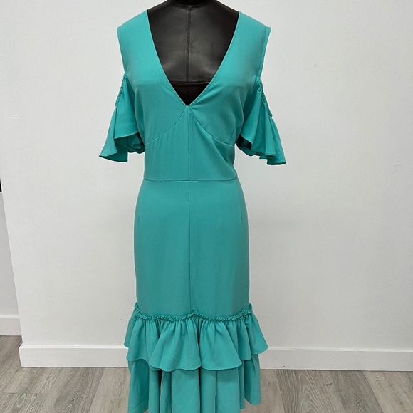 Teal Ruffle Hem Cold Shoulder Midi Dress | Cocktail Party Wedding Guest Dress - Picture 1 of 4